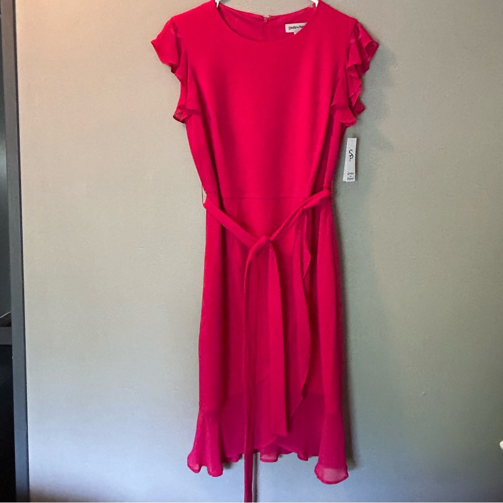 Shelby & Palmer Faux Wrap Ruffle Sheath Dress Size 12, Color Jazzy, New with Tag